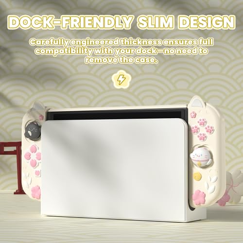 Image of playvital Protective Case for Nintendo Switch OLED with Extra Stand - Cherry Blossoms Kitten Dockable Hard Shell Cover + Silicone Grips for Switch OLED with Thumb Grips, Shockproof - Antique Yellow