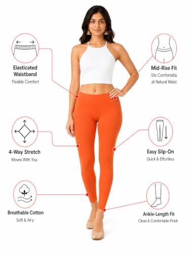 Image of Women's Cotton Lycra Ankle Length Leggings | Regular Rise, Soft 4 Way Stretch Fabric | Casual & Ethnic Wear