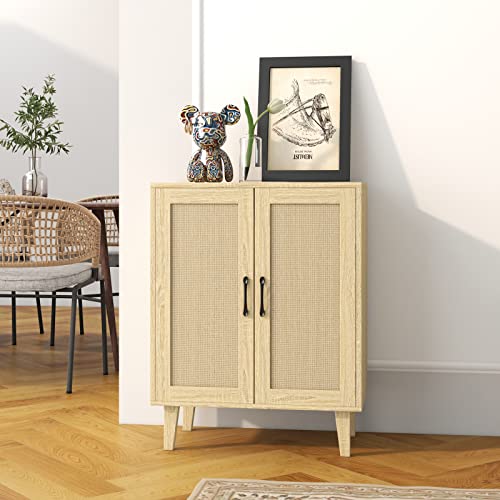 Panana Buffet Cabinet Sideboard With Rattan Decorated Doors Kitchen Storage Cupboard Accent Cabinet (Natural Wood) #TOP6