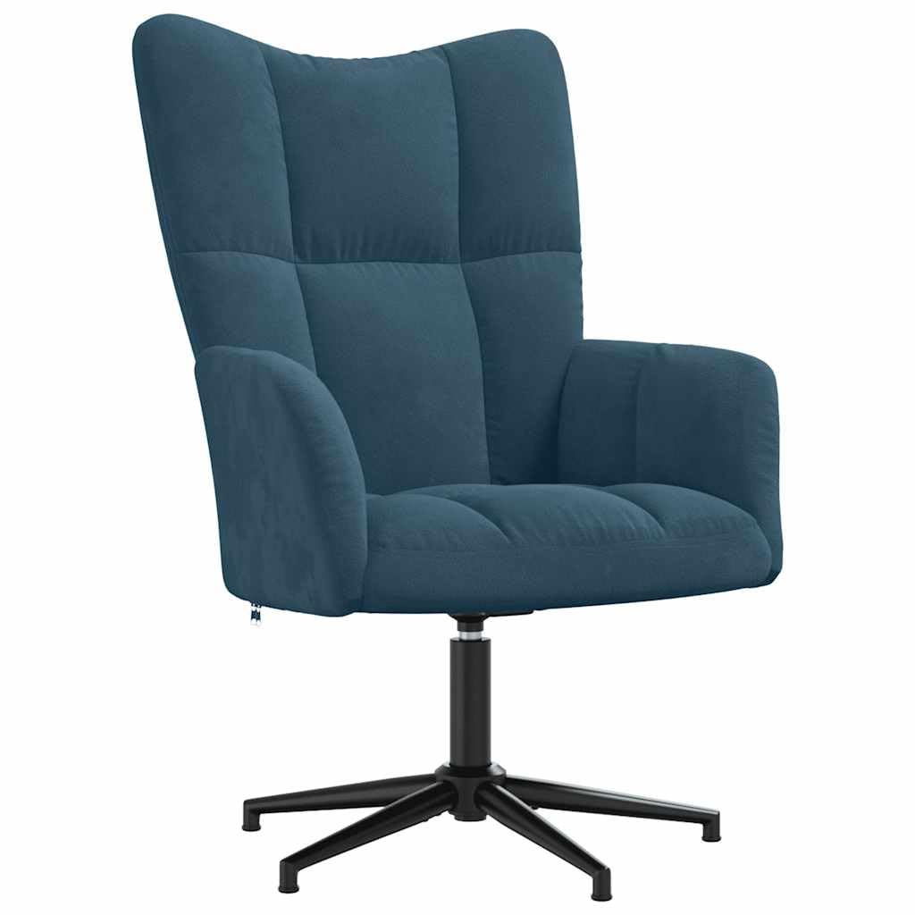 Poltrona Relax con Poggiapiedi Girevole a 360 in Velluto Blu | Poltroncina imbottita per soggiorno e camera da letto con movimento rotatorio completo e poggiapiedi abbinato.
