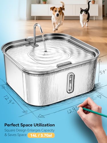 Image of Large Dog Water Fountain 14L /3.7Gal, Stainless Steel Pet Fountain for Large Dogs and Multi-Pets Families, with Visible Window & Extra Wide Drinking Area, Square Design Enlarges Capacity & Saves Space