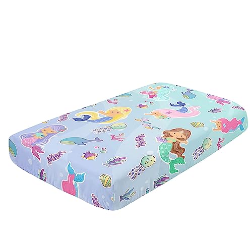 Image of 3pcs Nursery Crib Bedding Set with Comforter, Sheet & Skirt, Watercolor Mermaid Marine Life Printed for Baby Boys and Girls
