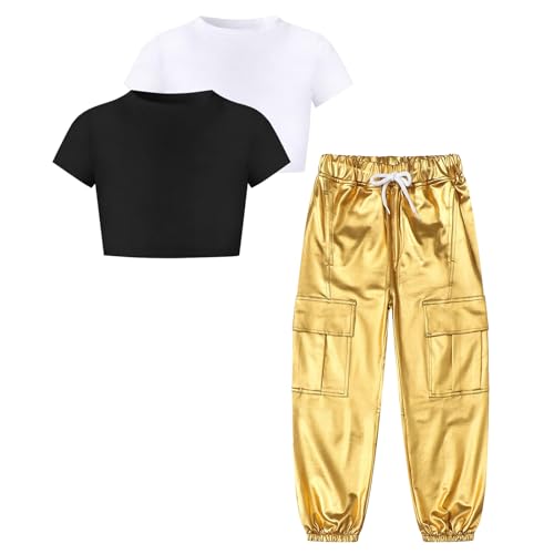 Image of Betusline 2 PCS T Shirt and Gold Cargo Pants Outfits Multi-Pocket Elastic Waist Pull on Cargo Pants, 3 Piece Clothes Set for Girls, 9-10 Years = Tag 150