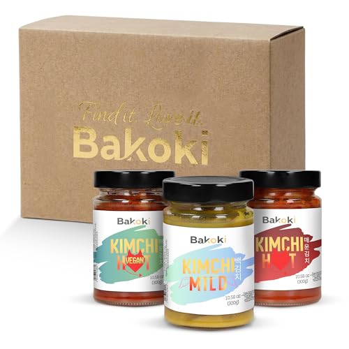 Bakoki Set de Kimchi 3×300 g – Hot (Gochugaru) · Hot Vegan · Mild (Baek con cúrcuma) – fermentado de forma tradicional, probiótico, incluye variante vegana, sin aditivos artificiales – Pack de 3