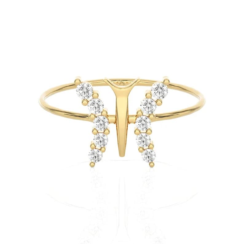 RKGEMS 14K Solid Yellow Gold Diamond Ring Design Butterfly Handmade Gold Ring Gift For Wife (18K Yellow Gold, 8)