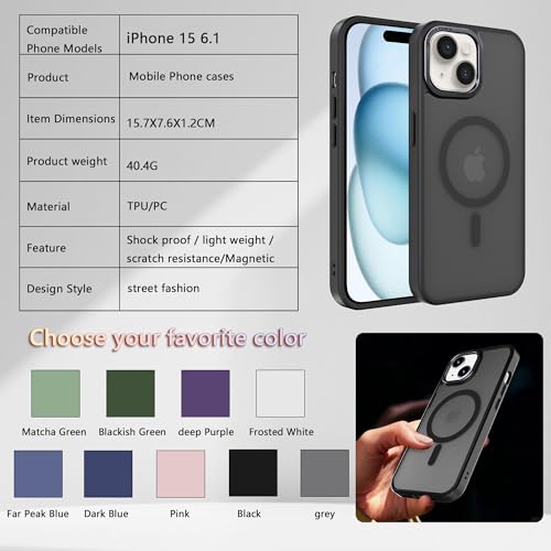 Image of Magnetic iPhone 15 case,Compatible with Magsafe, Military-Grade Protection,Slim Translucent Matte Shockproof with Anti-Scratch Anti-Fingerprint Phone Cover (Black, iPhone 15)