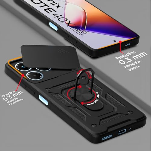 Image of Outlouders Back Cover for Infinix Note 40x 5G | D10 Tough Armor 360 Protection Case with Sliding Camera Shield & Ring Holder Stand Bumper Case (Black)