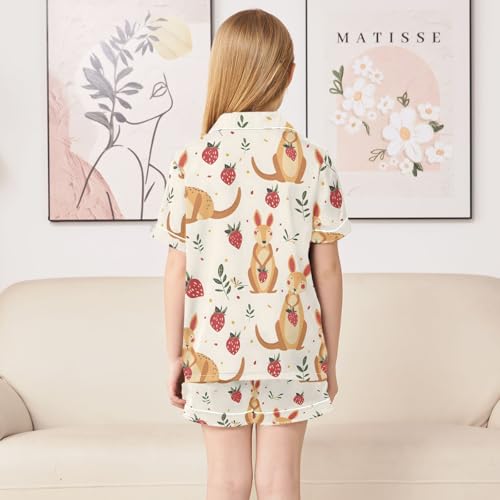 ALAZA Kangaroo Strawberry Leaf Satin Pajamas Set Short Sleeve Button Down Sleepwear Summer Pjs 2 Piece4