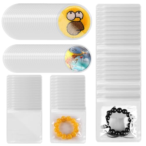 Swpeet 100Pcs Bolsas de Joyería de PVC Transparentes Gruesas, Organizador de Joyería de Viaje Autoadhesivo Cuadrado/Redondo, Bolsa de Almacenamiento de Plástico, Bloqueo Anti mancha para Pendientes