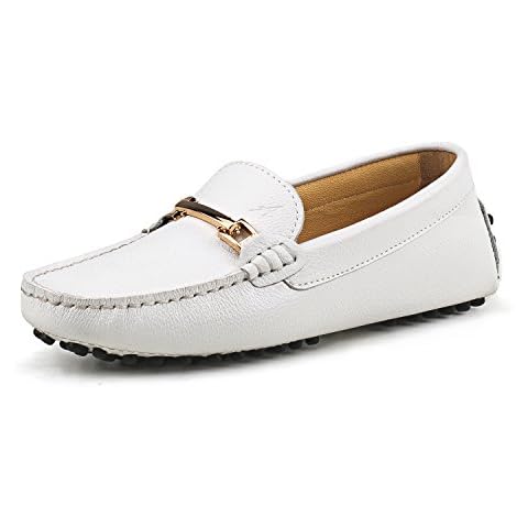 AUSLAND Leather Loafers for Women Driving Moccasin Shoes Rubber Granules Sole 9.5US 7067 White 40EU Cover