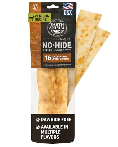 Earth Animal No Hide Strips Venison Flavored Natural Treats | No Rawhide | Quick & Thin Dog Chews - 16 Count