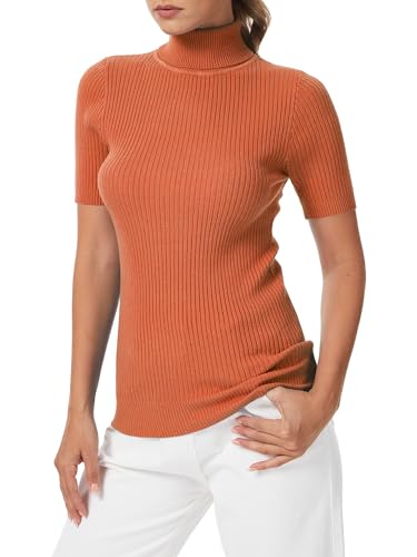 Women's Fall Short Sleeve Sweater Turtleneck Pullover Tops Winter Basic Ribbed Knit Slim Fitted Casual Shirts