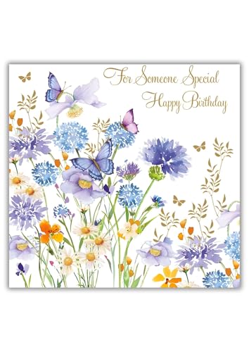 Nigel Quiney Female 'Happy Birthday' Card - 'For Someone Special' - Pretty Design with Blue Allium and Butterflies - the Pizazz Range