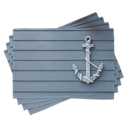 Lunarable Nautical Place Mats Set of 8, Anchor with Marine on Wood Background Sea Ocean Life Coast Cruise Theme, Washable Fabric Placemats for Dining Table, Placemat 8 pcs, Blue Grey