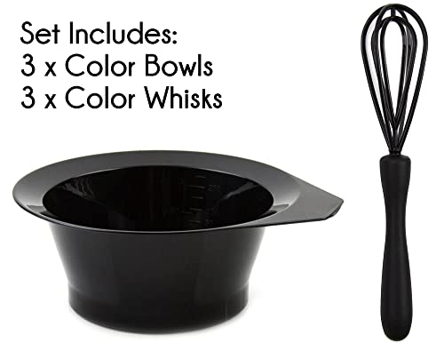 Hair Dye Bowl and Whisk Set - 3 Salon Mixing Bowls and 3 Color Whisks - Professional Hair Color Mixing Kit with Tint Bowls and Mixers for Hair Dye Application