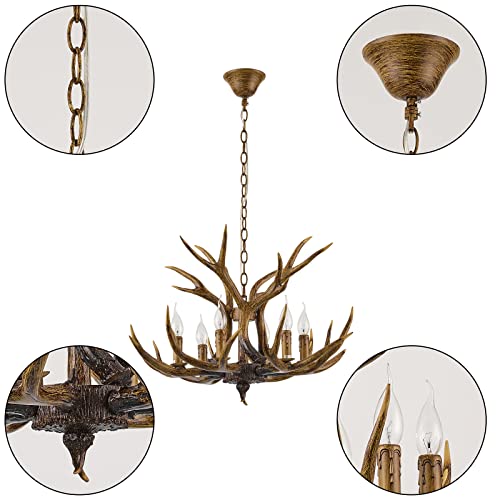 Durahonn Antler Chandelier 6 Lights, Brown Art Deco Ceiling Lamp For Dining Room, Living Room, Rustic Antler Light Fixture 28In (Brown) #TOP5