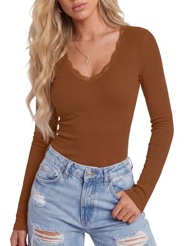 Image of LYANER Women's Lace V Neck Long Sleeve Fitted Shirts Basic Ribbed Knit Tops Going Out Trendy Top