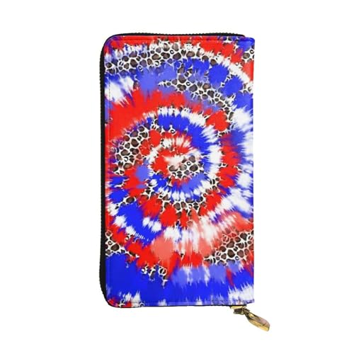 Abstract Red Blue Leopard Tie Dye Leather Hand Wallet for Women Long Zipper Clutch Purse for Cash Cards Coin
