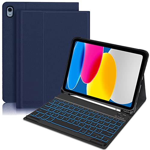 SENGBIRCH Clavier Coque iPad 10ème Génération 10,9 Pouces 2022 - AZERTY Clavier Rétro-éclairé Détachable Magnétique Bluetooth avec Fente pour Stylo pour iPad 10 Génération 2022 (Bleu Marine) Cover