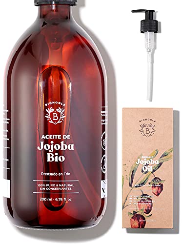 ACEITE DE JOJOBA ORGÁNICO | 100% Puro, Natural y Prensado en Frío | Rostro, Cuerpo, Cabello, Barba, Uñas | Vegano y Cruelty Free | Jojoba Oil | Botella de Vidrio + Bomba (200ml)