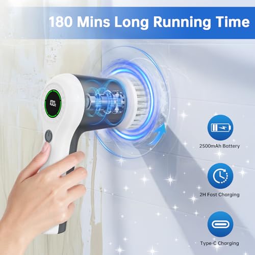 Image of PUFTEM Electric Spin Scrubber, Cordless Shower Scrubber with Battery Level Display, 2 Speeds Electric Scrubber for Cleaning with 6 Replaceable Heads, Cleaning Brush for Bathroom /Sink /Window (Gray)