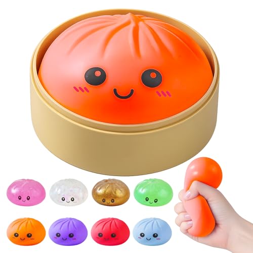 Image of Dumpling Squishies, Dumpling Mystery Box, Colorful Dumplings Stress Balls Fidget Sensory Toy, Stocking Stuffers with Food Steamer Stretchy Desk Toys (Orange)