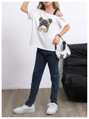 Image of SHENHE Girl's Summer Graphic Tee Cut Out Shoulder Short Sleeve Asymmetrical Tshirt Top