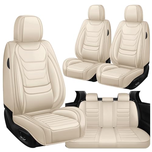 Image of Car Seat Covers Fit for Chevrolet Tahoe 1995-2025, Leather Automotive Seat Covers for Trucks, Heavy-Duty Wear Resistant Seat Protectors, Easy to Install, 5 Seats, Beige