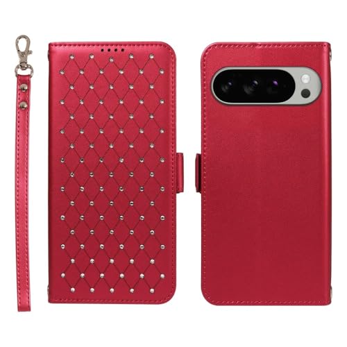 Étui portefeuille Google Pixel 8A fonction support sangle intégrée en cuir rouge
