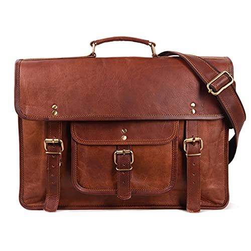 Leather Lane 'Samuel' Schultertasche Echtes Leder 16 Zoll Vintage Messenger Bag Aktentasche Business Tasche Unitasche Laptoptasche Umhängetasche Naturleder Dunkel Braun Cover