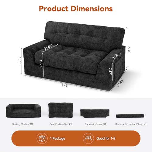 Image of MONVANE 55.5 inch Convertible Loveseat Sofa Bed, 2-in-1 Boneless Sleeper Sofa Couch with Storage Pocket, Comfy Chenille Deep Seat Couch for Living Room, No Assembly Required, Black