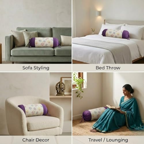 Image of SAJAVAT HOME Bolster Cover Pack of 2 | Printed Side Pillow Covers for Sofa, Bed & Diwan | 32x15 Inch Round Pillow Covers with Adjustable Ties (Purple Berry)