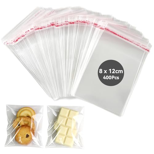 Realjoy 400 Pièces Sachet Plastique Transparent, 8×12cm Sachets Transparent pour Biscuits, Auto-Adhésifs Sachet Alimentaire pour Bonbons, Perles au Chocolat