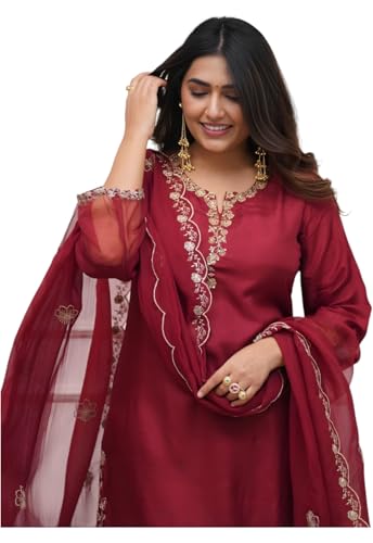 Kurta brodé en soie mélangée LookMark avec pantalon et dupatta