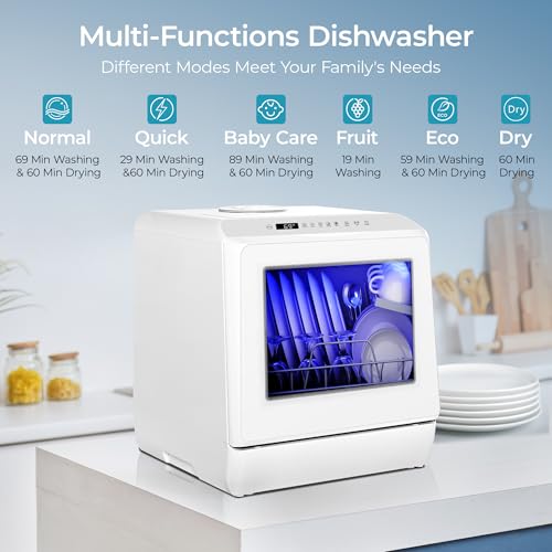 EUHOMY Countertop Dishwasher Portable with 6 Programs, 5L Built-in Water Tank for Apartments, 167โ High-Temp, No Hookup Needed, Mini Dishwasher with Baby Care, Air Dry/Quick/ECO/Fruit/Normal, White