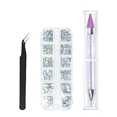 Canvalite 1500PCS Rhinestones in 6 Sizes Flat Back Gems, Crystal AB Rhinestones Nail Art Gems with Pick Up Tweezers and Rhinestone Picker Dotting Pen, Nail Art Tools for Nails, Clothes, Face, Craft