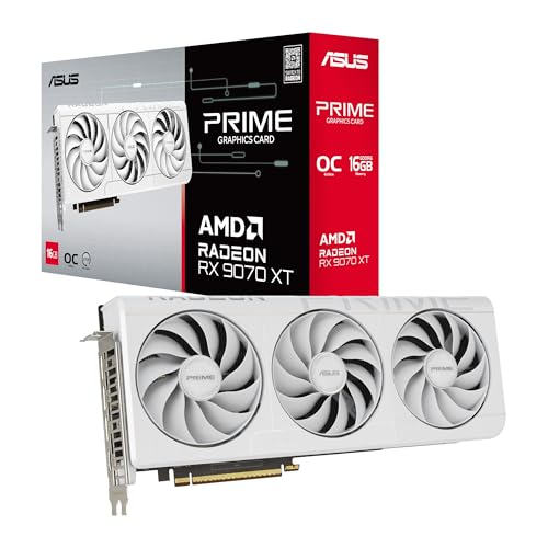 ASUS Prime AMD Radeon RX 9070 XT White OC Edition, 16GB GDDR6, 256 Bit, PCIe 5.0, 1 HDMI 2.1, 3 DisplayPort 2.1, GPU Tweak III Software, White, PRIME-RX9070XT-O16G-WHITE