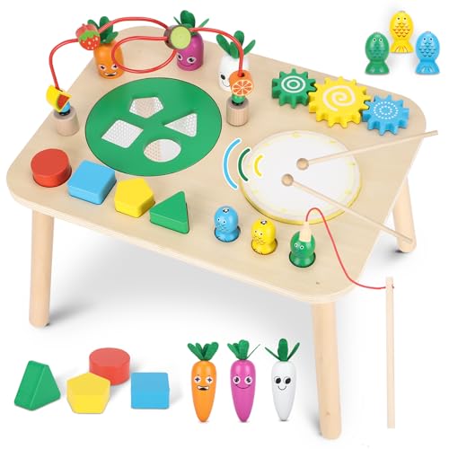 Image of Activity Table for 1+ Year Old, 7 in 1 Wooden Montessori Activity Center Play Table with Drum, Bead Maze Shape Sorter Fishing Game, Kids Sensory Educational Toddler Learning Toys 1st Birthday Gifts