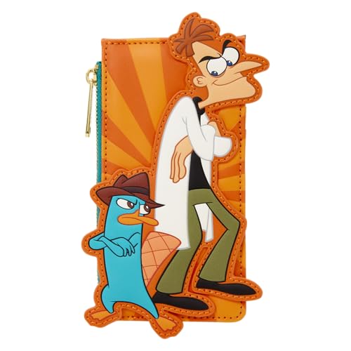 Image of Loungefly Disney: Phineas and Ferb - Embroidered Dr. Doofenshmirtz & Perry the Platypus Card Holder - 4 Card Slots with a Zippered Compartment - Great for Kids & Adults - Collectible Wallets