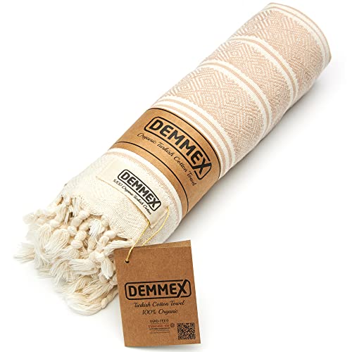 Demmex Certified 100% Organic Turkish Cotton Beach And Bath Towel, Peshtemal Towel Blanket, Quick Dry Sand Free, Oversized Light Compact, Diamond Weave, Prewashed, 71X36 Inches, 14 Oz (Beige) #TOP6
