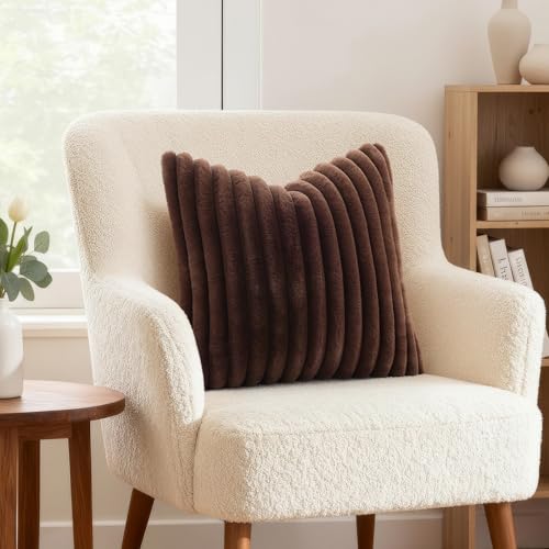 Image of decorUhome Fall Cozy Faux Fur Throw Pillow Covers 22x22 Set of 2 Decorative Soft Plush Striped Modern Farmhouse Boho Couch Euro Sham Pillow Cases with Velvet Back for Sofa Bed Living Roomr, Dark Brown