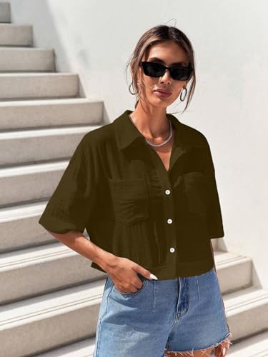Image of TOPLOT V-Collar Solid Crop Shirt for Women with Half Sleeves, Polyester, Regular Fit