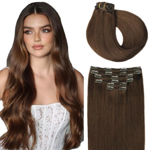 SURNEL Clip in Hair Extensions Real Human Hair Color 4 Medium Brown 14inch 35cm Soft Seamless Double Weft Hair Extensions for Women 100g 6pcs (C#4