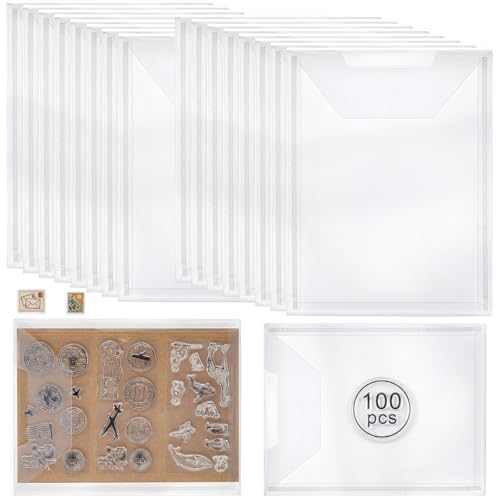 Tinlade 100 Pcs Stamp and Die Storage Pockets Clear Stamp Holder 5-5/8 x 7-3/8 Die Cut Storage Sleeves Organizer