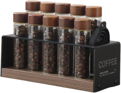 YWHT コーヒー豆保存容器、クルミ材保存瓶、漏斗付き一方向密封保存・分配ボトル、10個セット、透明密封ガラス試験管、木製/アクリルベース、カフェディスプレイスタンド (木製ベース,ディスプレイスタンド / 10穴 + 試験管10本(大5本、小5本) +