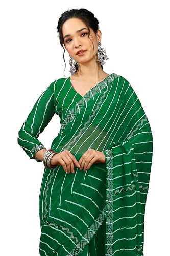 Image of MIRCHI FASHION Saree for Woman Georgette Solid with Satin Stripes | Stone Border Farewell and Ceremonial Sari with Blouse Piece