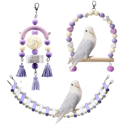 Image of 3PCS Bird Toys Bird Foraging Toys Chewing Hanging Birdcage Swing Cage Accessories Parrot Climbing Ladder for Conure Parakeet Cockatiel Budgies Lovebird Parrotlet (Purple)