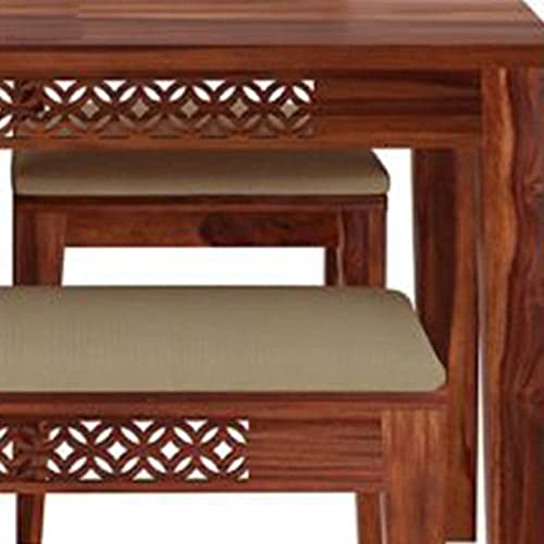 Image of Solid Sheesham Wood 4 Seater CNC Dining Table with 2 Cushion Chairs and 1 Bench for Home Living Room Wooden Furniture Dinner Table for Hall Hotels (Honey Finish)