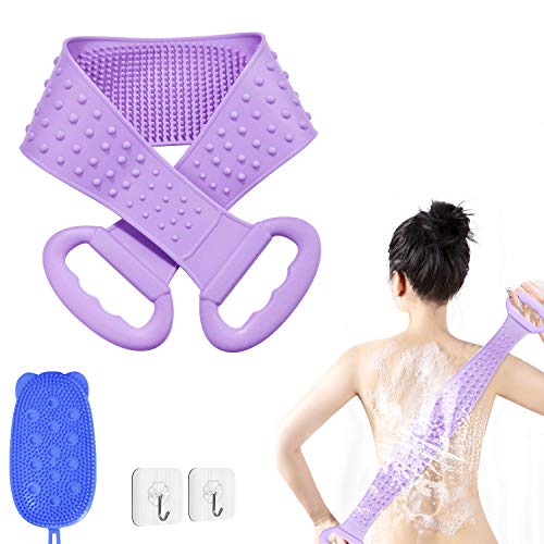 Silicone Back Scrubber for Shower,Silicone Bath Body Exfoliating Brush,Comfortable Massage Back Cleaner,Handle Body Washer,Easy to Clean For Men and Women(Purple)