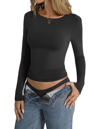 Womens Double Lined Long Sleeve Shirts Boat Neck Going Out Tops Trendy Slim Fitted Tees Basic Fall Outfits 20253